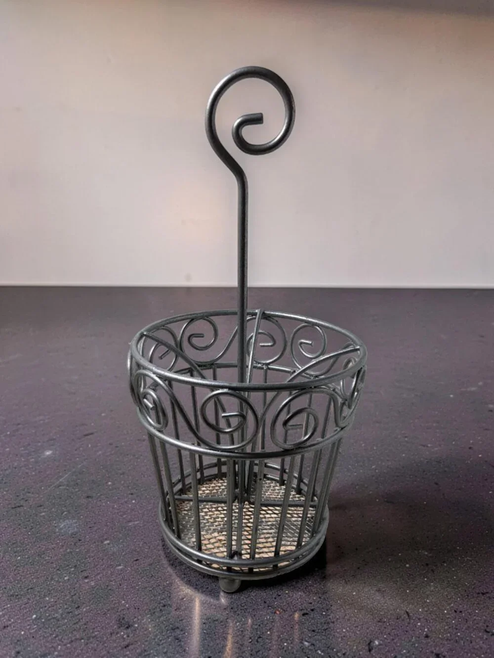 Metal Scroll Pattern Utensil Carrier With Carry Handle.